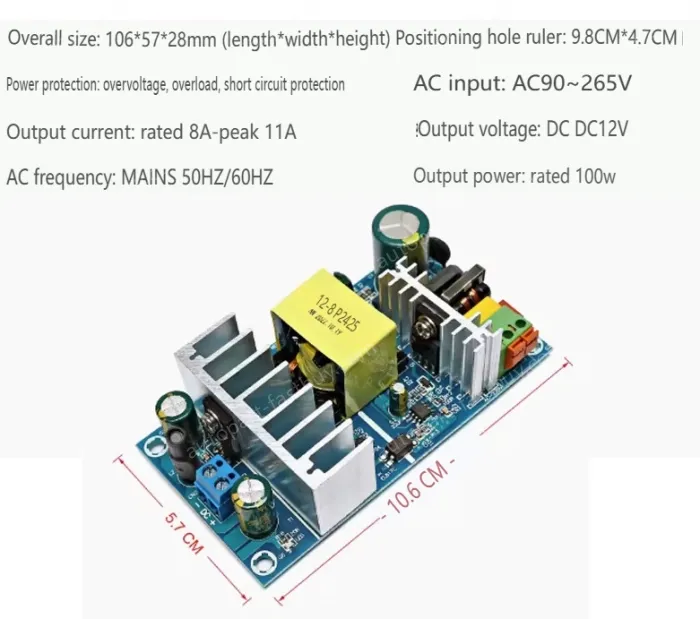 AC-DC buck module: 220V to 12V 8A isolating switching power supply module