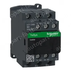 LC1D09B7 IEC contactor, TeSys Deca, nonreversing, 9A, 5HP at 480VAC, up to 100kA SCCR, 3 phase, 3 NO, 24VAC 50/60Hz coil, open style