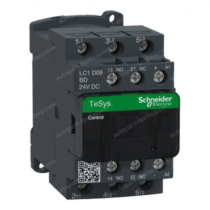 LC1D09BD IEC contactor, TeSys Deca, nonreversing, 9A, 5HP at 480VAC, up to 100kA SCCR, 3 phase, 3 NO, 24VDC coil, open style