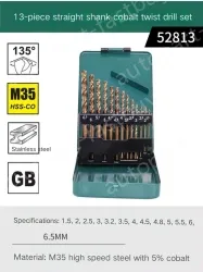 Set of 13 straight shanks containing cobalt twist drills