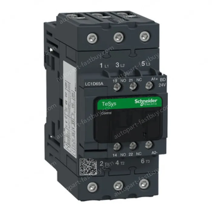 LC1D65ABD IEC contactor, TeSys Deca, nonreversing, 65A, 40HP at 480VAC, up to 100kA SCCR, 3 phase, 3 NO, 24VDC coil, open style
