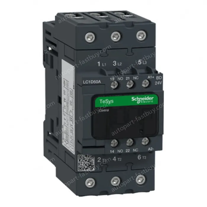 LC1D50ABD IEC contactor, TeSys Deca, nonreversing, 50A, 40HP at 480VAC, up to 100kA SCCR, 3 phase, 3 NO, 24VDC coil, open style