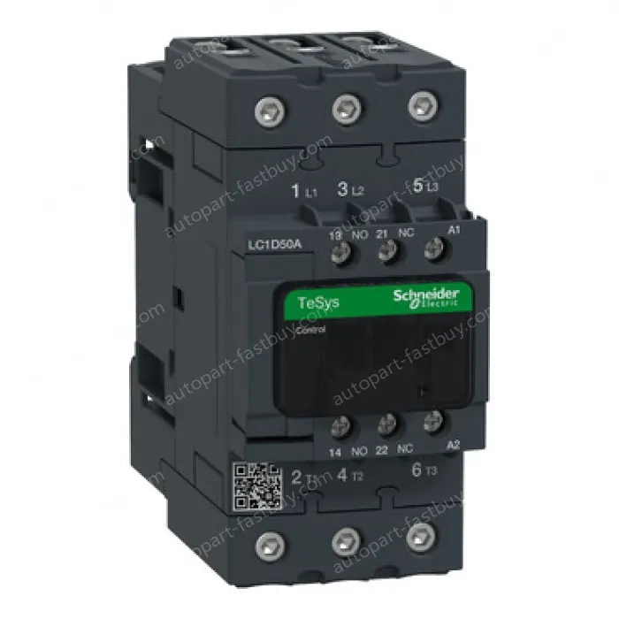LC1D50AM7 IEC contactor, TeSys Deca, nonreversing, 50A, 40HP at 480VAC, up to 100kA SCCR, 3 phase, 3 NO, 220VAC 50/60Hz coil, open